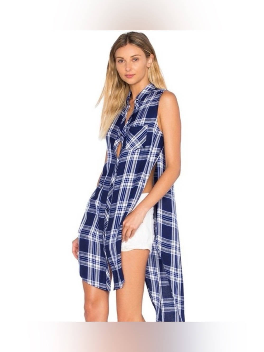 Rails Jordyn Midnight Cobalt Plaid Sleeveless High Low Tunic M